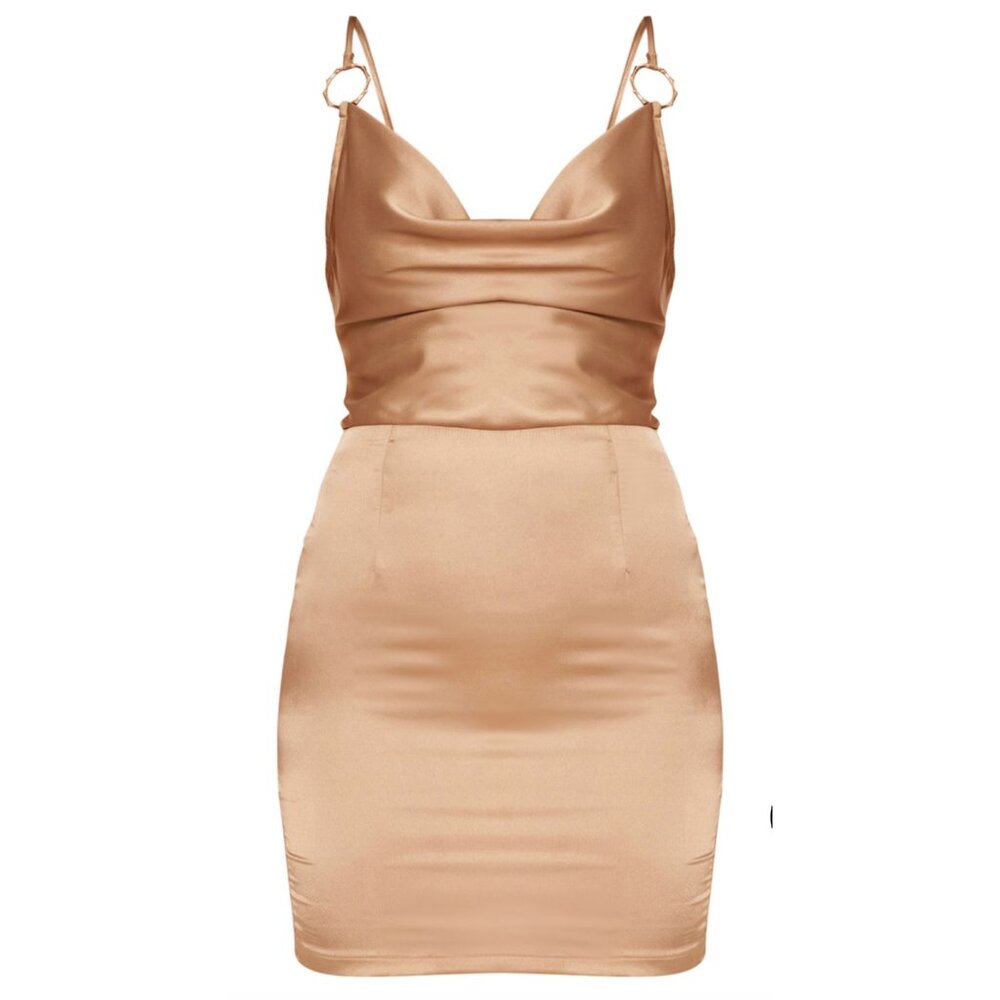 PLT Champagne Satin Cowl Neck Ring Detail Bodycon Dress